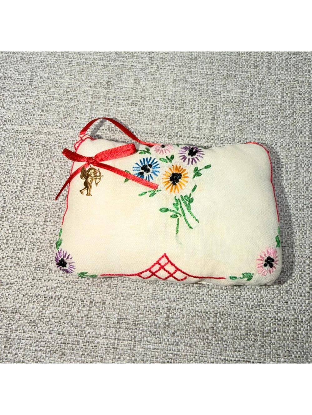 Vintage Handmade Hankie Pin Cushion Embroidered Floral Cottagecore Charm Hanger